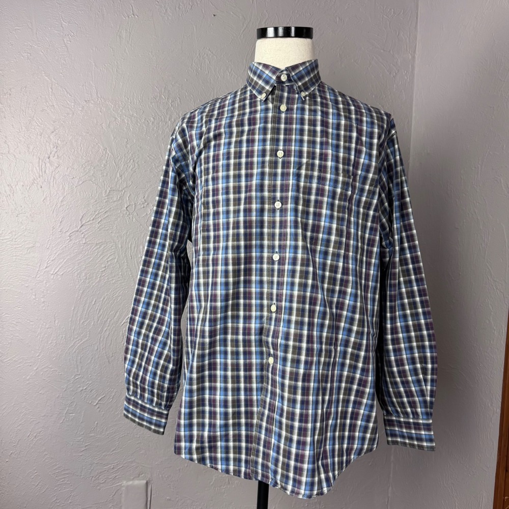 Roundtree & Yorke Mens XL 2ply cotton blue purple plaid button down shirt Office